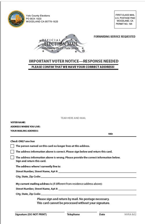 Address Confirmation Card (NVRA 8D-2 and Elections Code Section 2225(c)) - Back