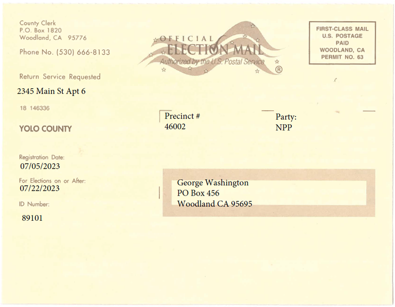 Image of the front side of the Voter Notification Card (Postcard)